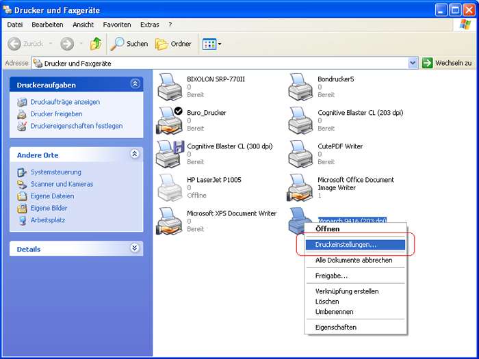 Beispiel (Einstellungen Im Windows im Modus Drucker und Faxgeräte):