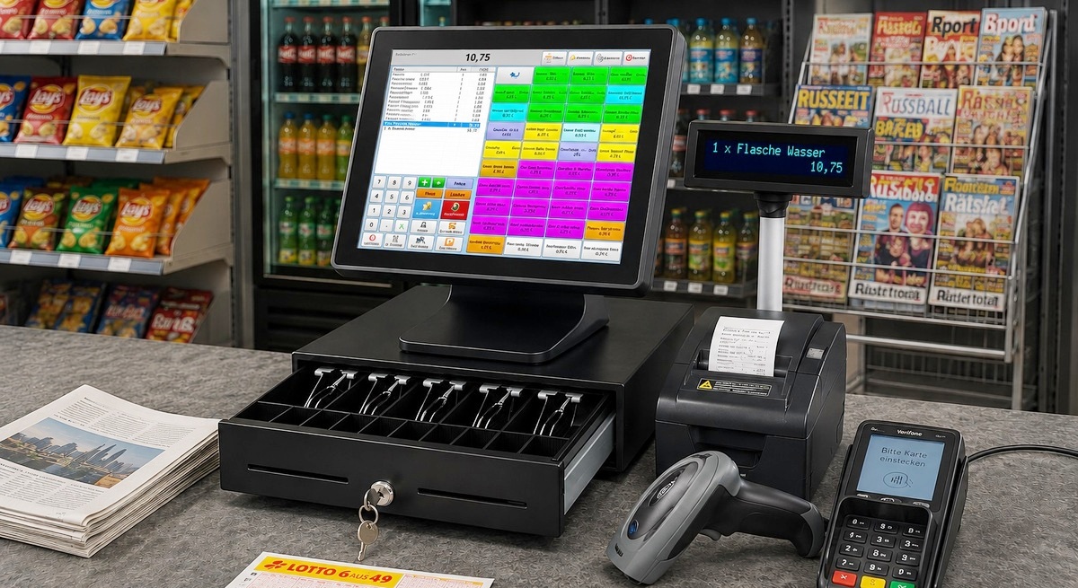 Kassensystem für Kiosk, Spätkauf und Lotto-Toto mit Touchscreen, Geldlade, Bondrucker und Scanner