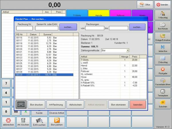 Software POSprom Handel PLUS 4.5: Bon-Historie und Storno-Modus (Warenrückgabe)